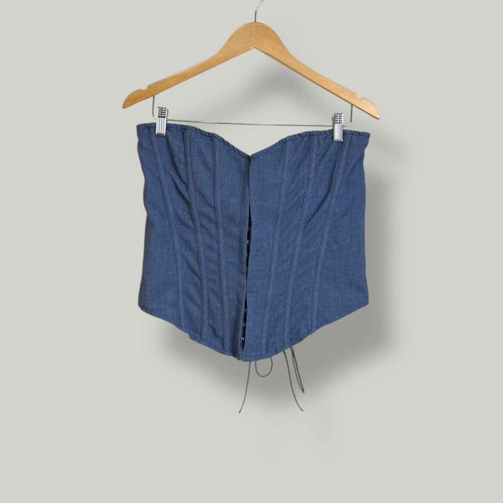PRETTYLITTLETHING Corset Women Size 12 Large Blue Denim Lace Up Back Woven Shape - Picture 2 of 12